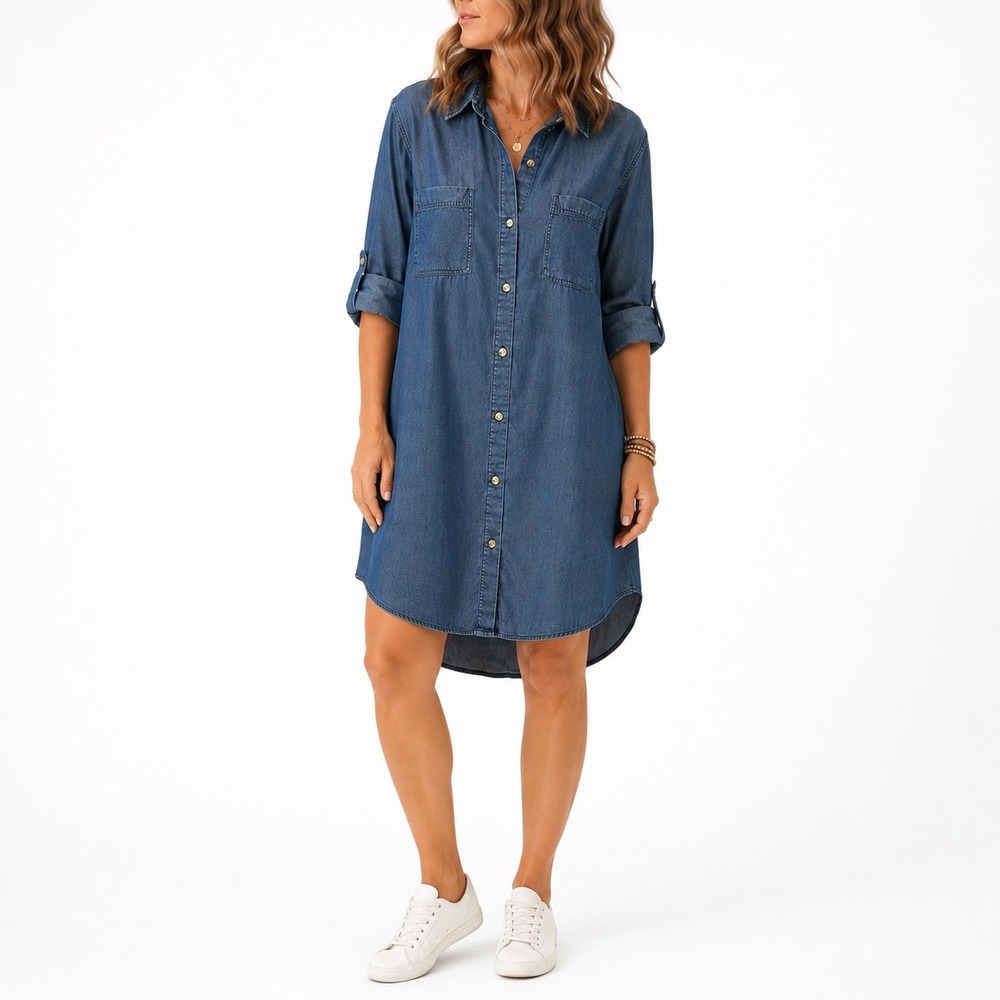 Young Hearts Run Free Blue Lyocell Shirt Dress Roll Tab Sleeve M Chambray Tunic